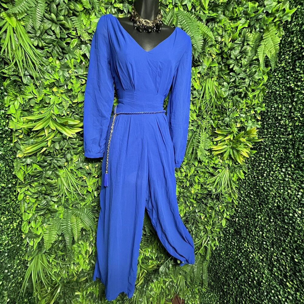 FOREVER 21 Women Jumpsuit Small Blue Pants Sheer Flared Leg Belted‎ Romper  1712